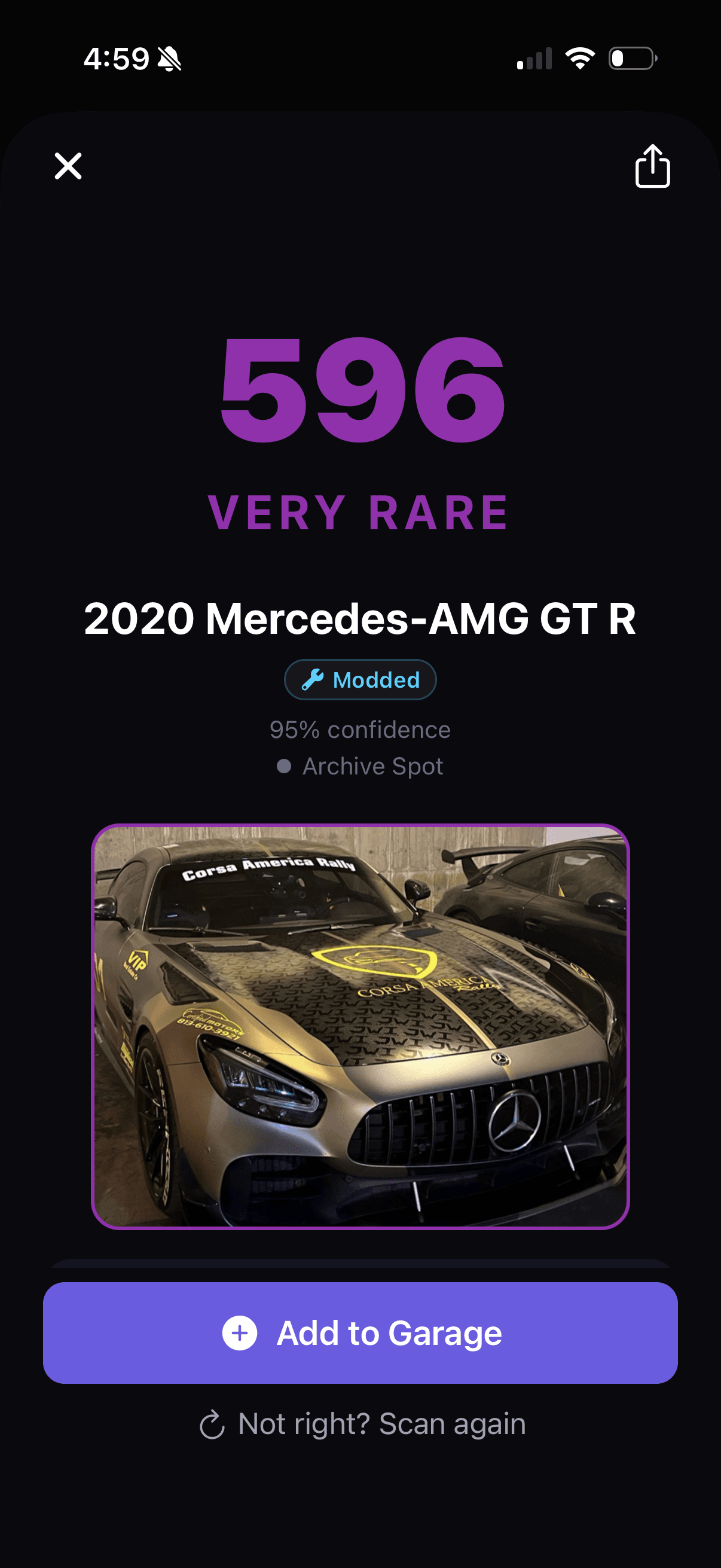 ChromaDrive rarity reveal — AI score and tier for a captured car